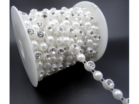 Perły 10mm BIAŁE Z CYRKONIAMI 10mm rolka 1m perełki na taśmie z dżetami hurtownia pereł przerobu perełki plastikowe