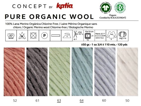 PURE ORGANIC WOOL 64 MINT SPŁOWIAŁY NIEBIESKI  włóczka KATIA 50g 110m wełna 100% chlorine free OUTLET KONIEC KOLEKCJI