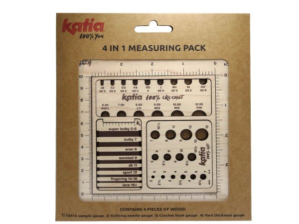 4 in 1 Measuring Pack Katia drewniane miarki do mierzenia grubości drutów szydełek wełny czy kwadratu 10x10 w GOLD-POL