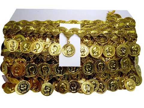 19/45mm Taśma z cekinami ZŁOTA cena za 1m ozdobna z pieniążkami do tańca brzucha coiny pasmanteria