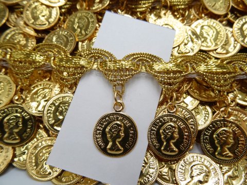 15/42mm Taśma z cekinami ZŁOTA cena za 1m ozdobna z pieniążkami do tańca brzucha coiny pasmanteria Gold-Pol