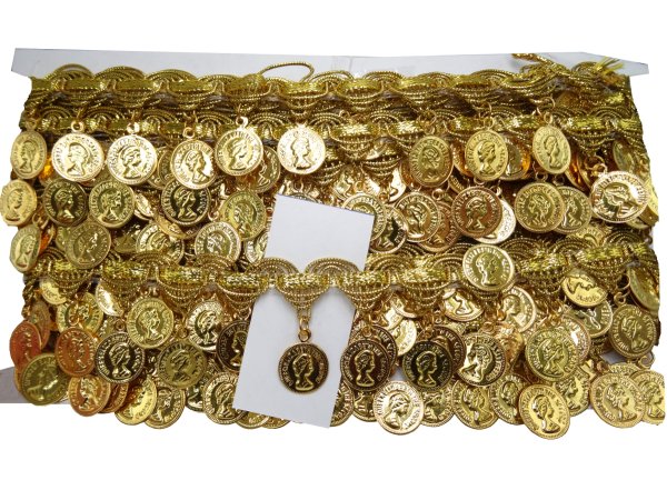15/42mm Taśma z cekinami ZŁOTA cena za 1m ozdobna z pieniążkami do tańca brzucha coiny pasmanteria Gold-Pol