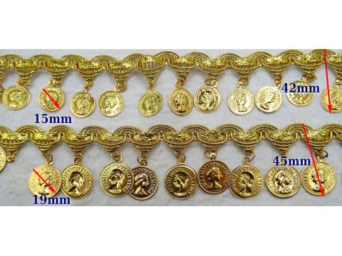 19/45mm Taśma z cekinami SREBRNA cena za 1m ozdobna z pieniążkami do tańca brzucha coiny pasmanteria