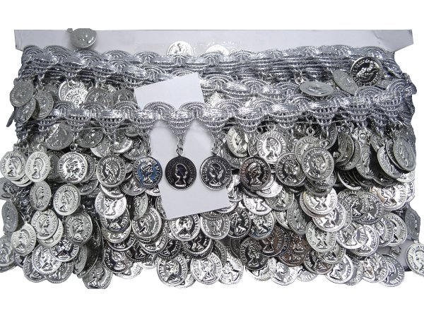 15/42mm Taśma z cekinami SREBRNA cena za 1m ozdobna z pieniążkami do tańca brzucha coiny pasmanteria