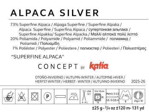 ALPACA SILVER 255 MIX SZAREGO SREBRO alpaka KATIA 25g 120m delikatna jak piórko i skrzy się jak śnieg w czasie mrozu