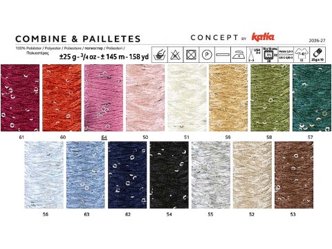 COMBINE PAILLETES 60 RUDY Katia 25g 145m nici z cekinami 2mm co 5cm na drugą nitkę do moheru lub szale typu siatka
