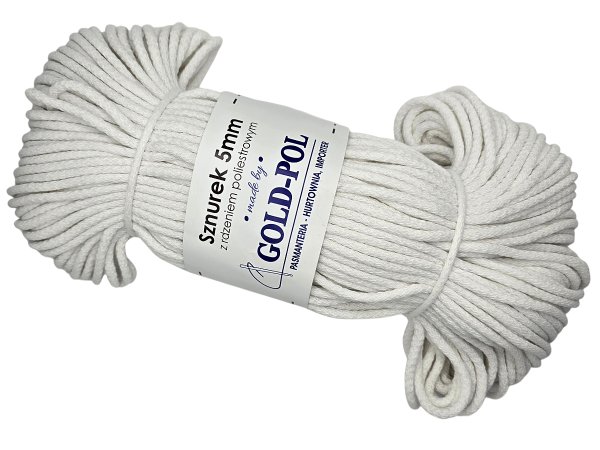 Sznurek 5mm BIAŁY WHITE 100m by GOLD-POL bawełniany z rdzeniem poliestrowym